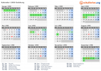 Kalender 1990 mit Ferien und Feiertagen Salzburg