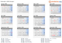 Kalender 1990 mit Ferien und Feiertagen Aargau