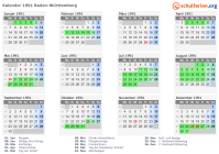 Kalender 1991 mit Ferien und Feiertagen Baden-Württemberg