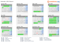 Kalender 1991 mit Ferien und Feiertagen Bayern