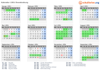 Kalender 1991 mit Ferien und Feiertagen Brandenburg