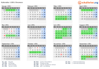 Kalender 1991 mit Ferien und Feiertagen Bremen