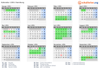 Kalender 1991 mit Ferien und Feiertagen Hamburg
