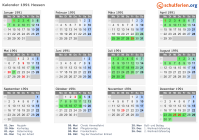 Kalender 1991 mit Ferien und Feiertagen Hessen