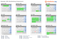 Kalender 1991 mit Ferien und Feiertagen Mecklenburg-Vorpommern