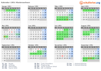 Kalender 1991 mit Ferien und Feiertagen Niedersachsen
