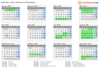 Kalender 1991 mit Ferien und Feiertagen Nordrhein-Westfalen