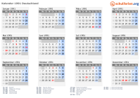 Kalender 1991 mit Ferien und Feiertagen Deutschland
