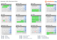 Kalender 1991 mit Ferien und Feiertagen Rheinland-Pfalz