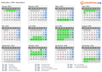Kalender 1991 mit Ferien und Feiertagen Saarland