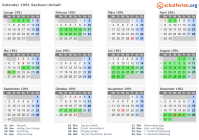 Kalender 1991 mit Ferien und Feiertagen Sachsen-Anhalt
