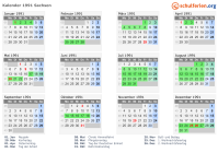 Kalender 1991 mit Ferien und Feiertagen Sachsen