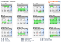 Kalender 1991 mit Ferien und Feiertagen Thüringen