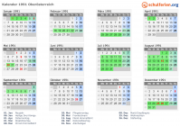 Kalender 1991 mit Ferien und Feiertagen Oberösterreich