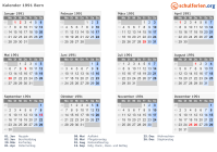 Kalender 1991 mit Ferien und Feiertagen Bern