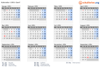 Kalender 1991 mit Ferien und Feiertagen Genf