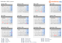 Kalender 1991 mit Ferien und Feiertagen Luzern