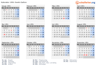 Kalender 1991 mit Ferien und Feiertagen Sankt Gallen