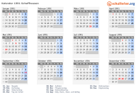 Kalender 1991 mit Ferien und Feiertagen Schaffhausen