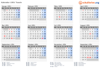 Kalender 1991 mit Ferien und Feiertagen Tessin
