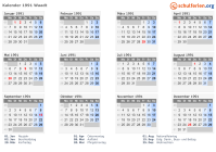 Kalender 1991 mit Ferien und Feiertagen Waadt