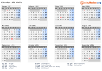 Kalender 1991 mit Ferien und Feiertagen Wallis