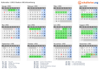 Kalender 1992 mit Ferien und Feiertagen Baden-Württemberg
