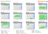 Kalender 1992 mit Ferien und Feiertagen Bayern