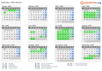 Kalender 1992 mit Ferien und Feiertagen Berlin
