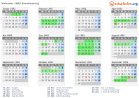Kalender 1992 mit Ferien und Feiertagen Brandenburg