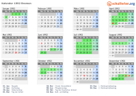 Kalender 1992 mit Ferien und Feiertagen Bremen