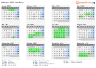 Kalender 1992 mit Ferien und Feiertagen Hamburg