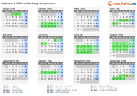 Kalender 1992 mit Ferien und Feiertagen Mecklenburg-Vorpommern