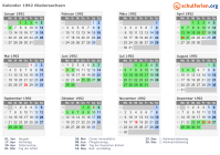 Kalender 1992 mit Ferien und Feiertagen Niedersachsen