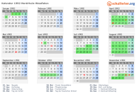 Kalender 1992 mit Ferien und Feiertagen Nordrhein-Westfalen