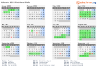 Kalender 1992 mit Ferien und Feiertagen Rheinland-Pfalz
