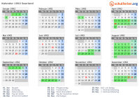 Kalender 1992 mit Ferien und Feiertagen Saarland