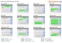 Kalender 1992 mit Ferien und Feiertagen Sachsen-Anhalt