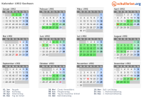 Kalender 1992 mit Ferien und Feiertagen Sachsen