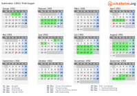 Kalender 1992 mit Ferien und Feiertagen Thüringen