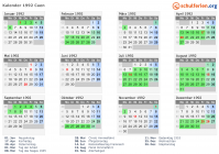 Kalender 1992 mit Ferien und Feiertagen Caen