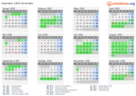 Kalender 1992 mit Ferien und Feiertagen Grenoble