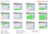 Kalender 1992 mit Ferien und Feiertagen Lille