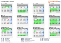 Kalender 1992 mit Ferien und Feiertagen Rennes
