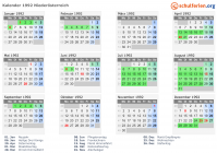 Kalender 1992 mit Ferien und Feiertagen Niederösterreich