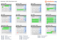 Kalender 1992 mit Ferien und Feiertagen Oberösterreich