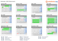 Kalender 1992 mit Ferien und Feiertagen Steiermark