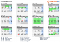 Kalender 1992 mit Ferien und Feiertagen Wien