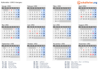 Kalender 1992 mit Ferien und Feiertagen Aargau