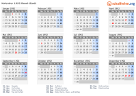 Kalender 1992 mit Ferien und Feiertagen Basel-Stadt